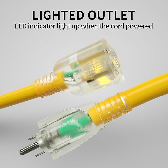 POWGRN 2 Pack 50 ft 12/3 Outdoor Extension Cord Waterproof Heavy Duty with Lighted Indicator End 12 Gauge 3 Prong, Flexible Cold-Resistant Long Power Cord Outside, 15Amp 1875W SJTW Yellow ETL Listed