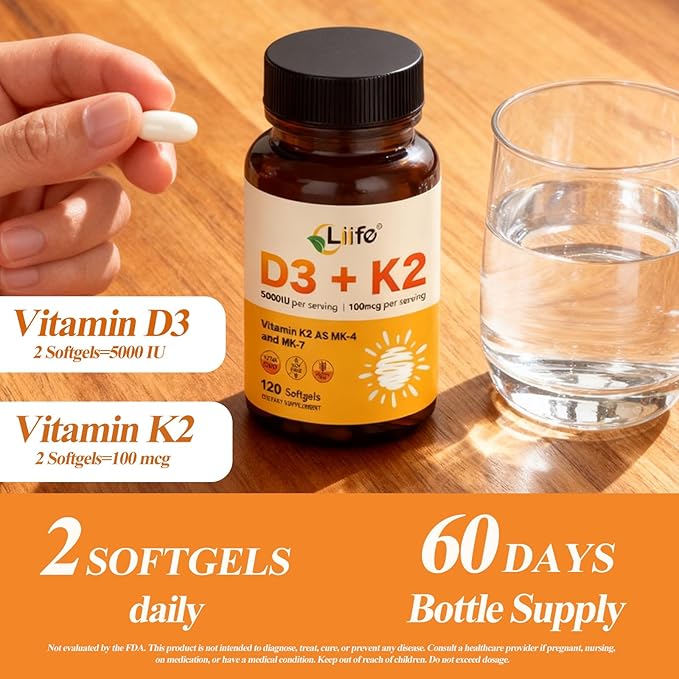 LIIFE Vitamin D3 K2 Supplement 5000 IU,120 Mini Softgels |2-in-1 Vitamins D & K Complex with Coconut Oil |Supports Calcium Absorption, Bone & Immune Health, Easy to Swallow