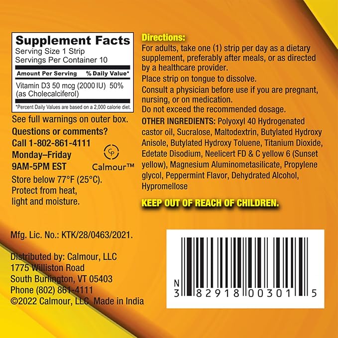 Vitamin D3 Strips 100 Pack| 2000 IU Oral Dissolvable D3 Vitamin Strips | Peppermint Flavor Melts on Your Tongue in 30 Seconds | Boost Immunity & Enhance Mental Focus with Vitamin D3 2000