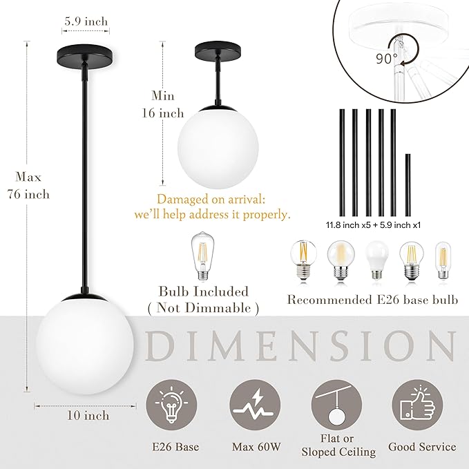 Bagood 10" Globe Pendant Light Black 2 Pack Mid Century Pendant Light Globe Pendant Lights Kitchen Island Matte Black Finished with Milk Glass Adjustable Ceiling Light Fixtures for Dining Room Bar