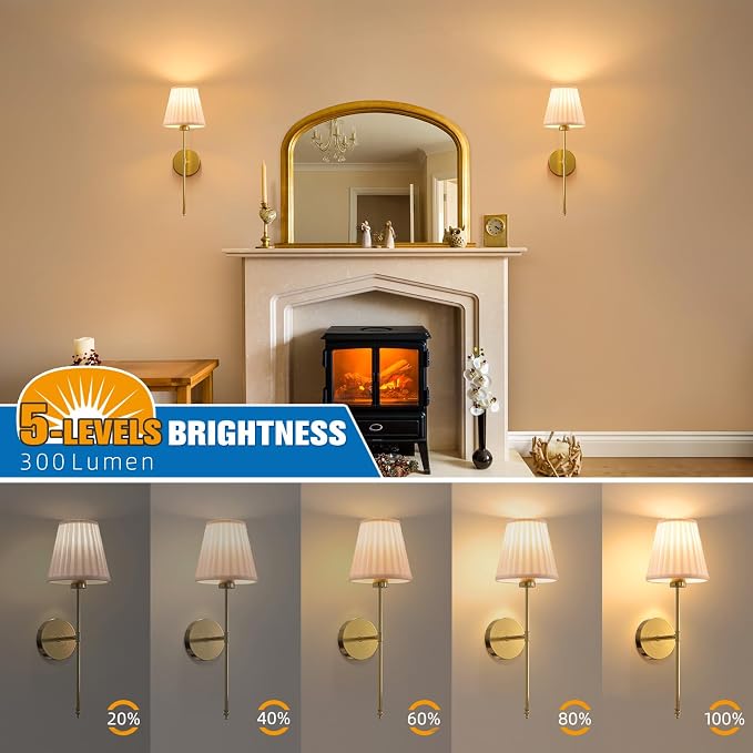 NIORSUN 19.9 inch Battery Operated Wall Sconce Set of 2,Beige Gold Rechargeable Wall Lights with 10400mAh Dimmable Bulbs and Remote, 9 Colors Wireless Wall Lamps for Bedroom Living Room Decor