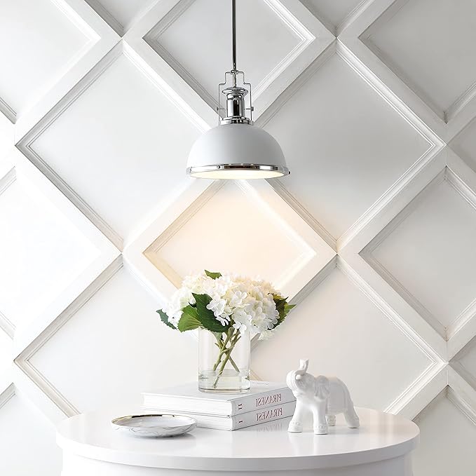 JONATHAN Y 13" Chrome/White Modern Industrial Iron LED Dome Pendant Light, Adjustable Hanging Fixture for Kitchen Island or Entryway, White Metal Shade, LED Bulb Included (JYL9536C)