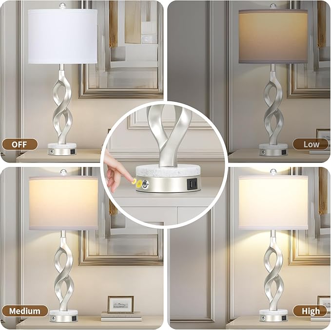 Cinyirong Silver Table Lamps Set of 2 for Living Room, 30" Tall Touch Control Bedside Lamps for Bedroom Nightstand, 3-Way Dimmable Modern Sculptural Table Lamp with USB A+C Ports and 2 LED Bulbs