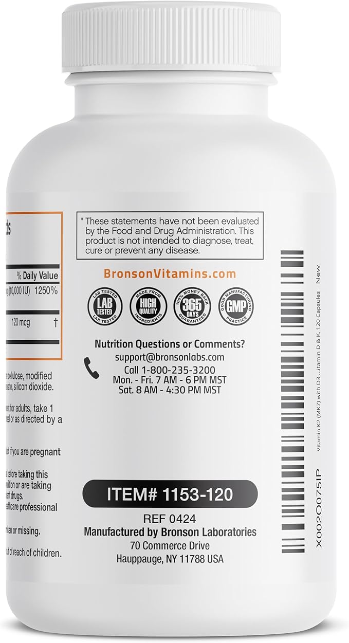Bronson Vitamine K2 (MK7) avec D3 Supplément Extra Fort pour la Santé des Os et du Cœur Formule Sans OGM 10 000 UI Vitamine D3 & 120 mcg Vitamine K2 MK-7 Vitamine D & K Facile à Avaler, 120 Gélules