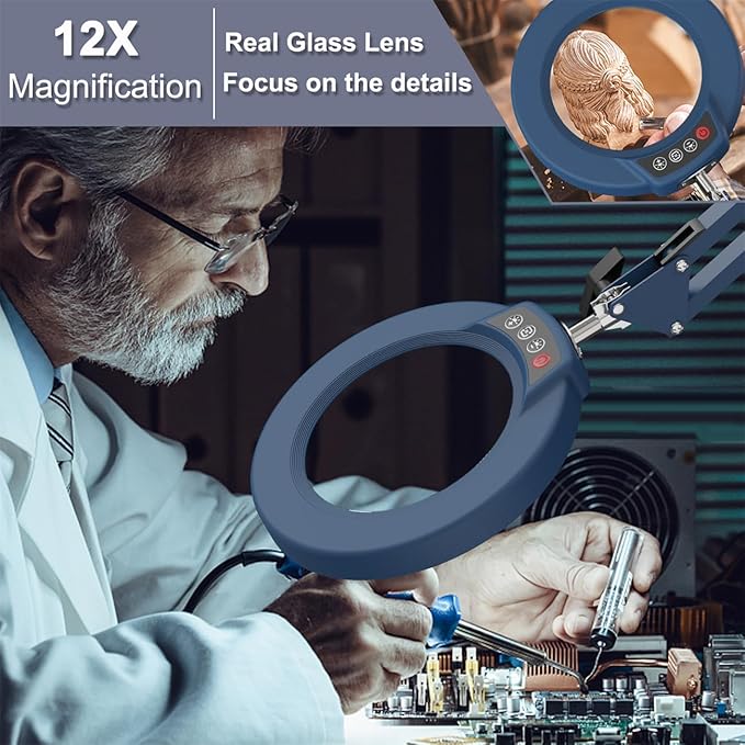 12X Magnifying Glass with Light and Stand, Upgrade Button 5 Color Modes Stepless Dimmable, 2-in-1 LED Lighted Magnifier Light, Hands Free Desk Lamp with Clamp for Craft Hobby Close Work - Blue