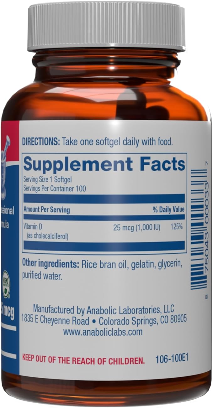 Vitamine D3 1000 UI à Absorption Élevée - Formule Clinique de Vitamine D pour Adultes Hommes et Femmes pour le Soutien des Os, des Dents, des Muscles, de l'Humeur et du Système Immunitaire - Vitamine D3 25 mcg Facile à Avaler - 100 Portions