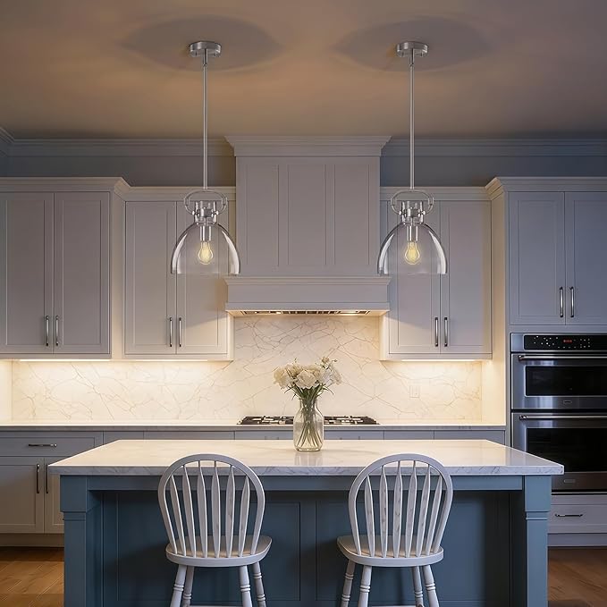 9.8'' Brushed Nickel Kitchen Pendant Lighting Over Island, Modern Pendant Lights Fixture,1-Light Adjustable Glass Pendant Lights for Kitchen Island Dining Room Bedroom E26