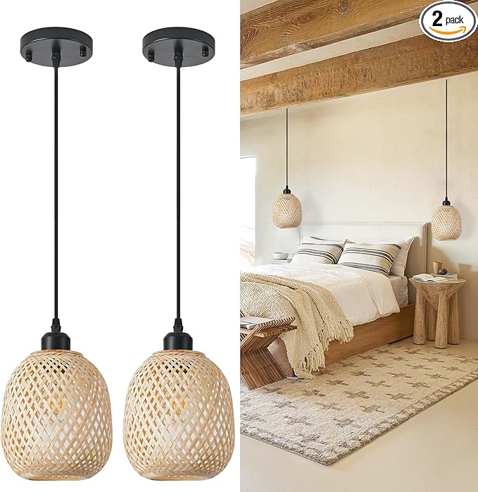 Hanging Light Fixture Set of 2, Mid Century Bohemian Rattan Bamboo Pendant Lighting,Torus Basket Woven Ceiling Chandelier for Kitchen Island Dinning Room Living Room Bedroom Nightstand