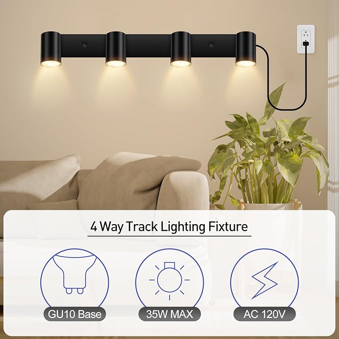 BoostArea Plug in Track Lighting, LED Track Light Kit, Black 4-Light Track Lights for Kitchen, 15 FT Cord,23" Ceiling Spotlight, Rotatable Wall Mount Light Head for Bedroom Hallway Living Room