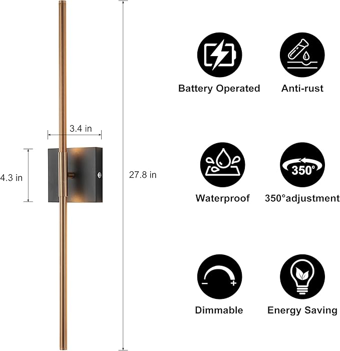 15800 mAh Battery Operated Wall Sconces with Remote Control, Dimmable Wall Sconces Set of Two 3000K LED Matte Black and Brass Gold Wireless Wall Light Battery Powered Cordless Rechargeable Wall Lamps