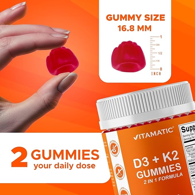 Vitamatic Vitamin D3 K2 with Calcium Gummies - 240 Count - Non-GMO, Gluten Free