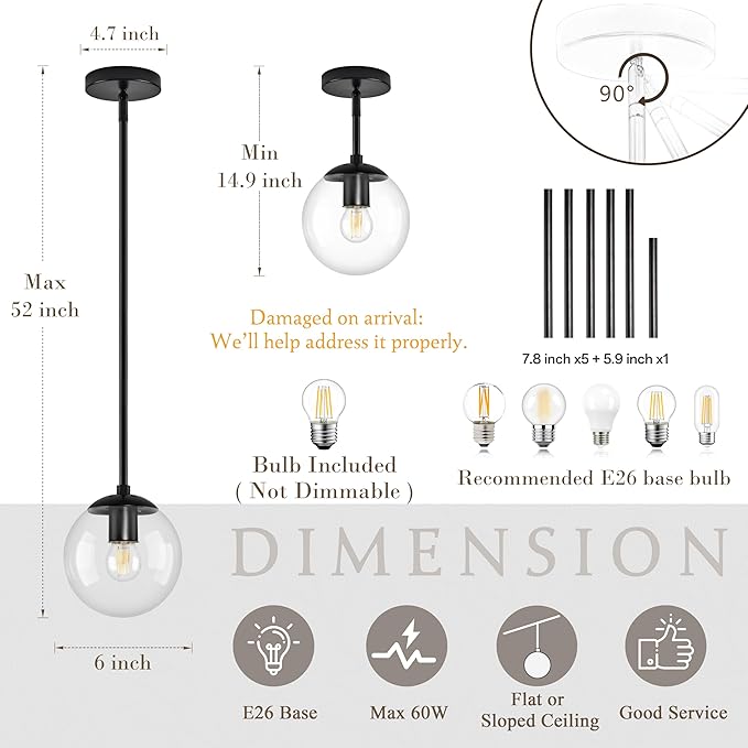 Bagood 6" Globe Pendant Light Black 2 Pack Mid Century Pendant Light Globe Pendant Lights Kitchen Island Matte Black Finished with Clear Glass Adjustable Ceiling Light Fixtures for Dining Room Bar