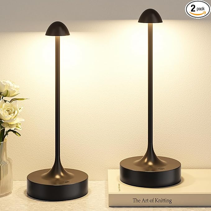 Kakanuo Rechargeable Cordless Table Lamp, Battery Operated Lamps, 3-Color Stepless Dimming, Portable Wireless Desk Lamp, LED Lighting for Dining Room, Restaurant, Office, Bar, Home(Black 2 Pack)