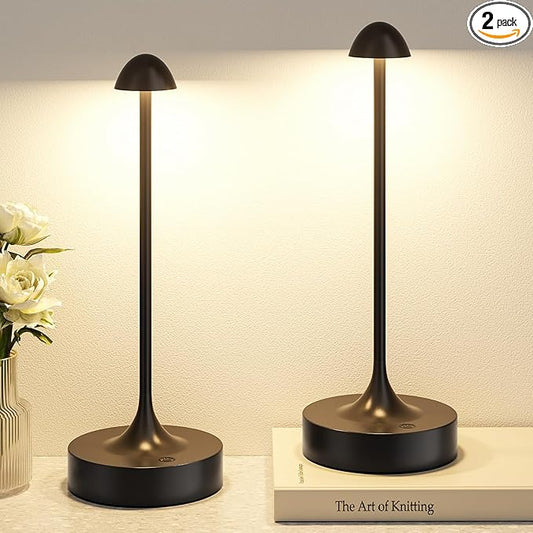 Kakanuo Rechargeable Cordless Table Lamp, Battery Operated Lamps, 3-Color Stepless Dimming, Portable Wireless Desk Lamp, LED Lighting for Dining Room, Restaurant, Office, Bar, Home(Black 2 Pack)