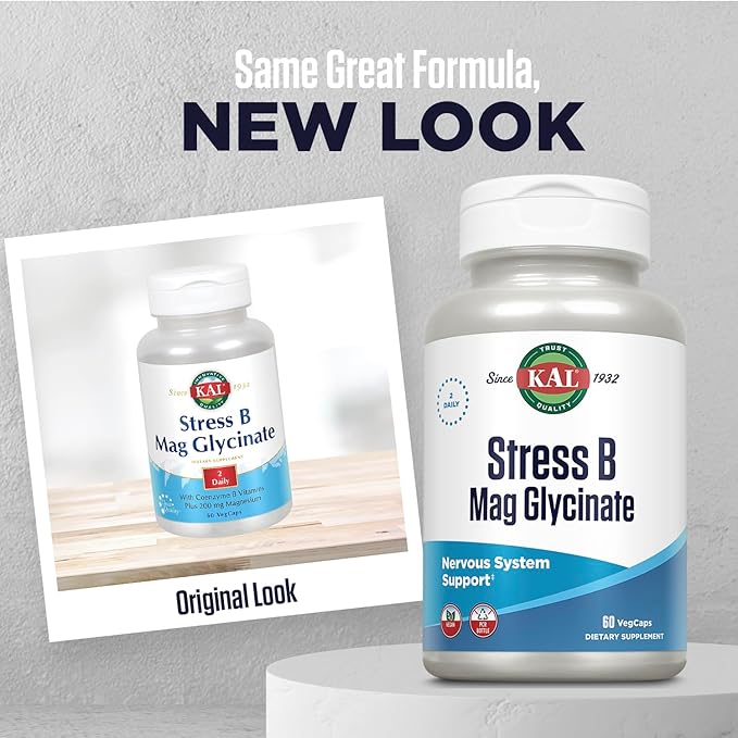 KAL Stress B Magnésium Glycinate, Vitamines B Complexe Plus Magnésium, Formes Actives Coenzyme Vitamine B-6, Méthylcobalamine et Folate de 5-MTHF, Soutien de l'Humeur Saine et de la Relaxation, 30 Portions, 60 Végicapsules