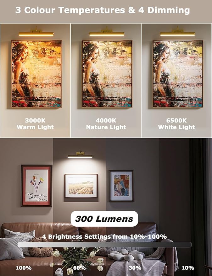13" Aluminum Wireless Picture Lights for Wall, 5000mAh Rechargeable Battery Operated Wall Art Lighting, Dimmable 3-Color Gallery Painting Light for Pictures On Wall, with Remote/Timer [Gold, 1Pack]