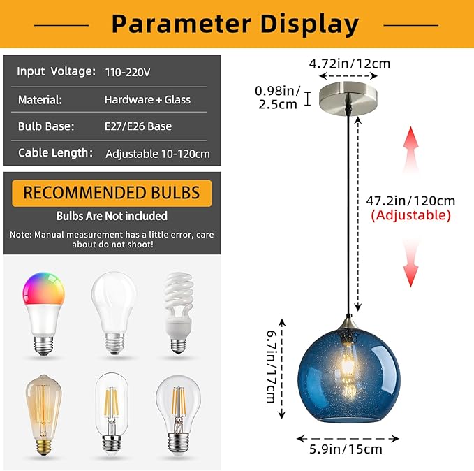 Mikeru Glass Globe Pendant Light Single, 5.9 Inch Blue Bubble Glass Hanging Lamp, Mid Century Modern Pendant Lighting for Kitchen Island Dining Room Bedroom (Bulb Not Included)