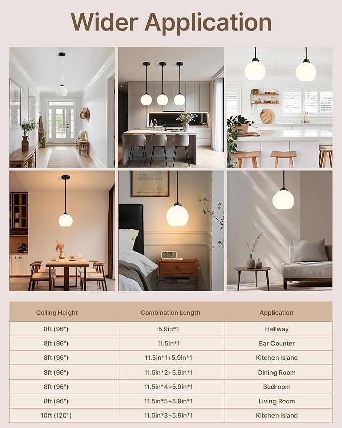 Majade Globe Pendant Lights Mid Century Modern Kitchen Island Pendant Light Fixtures 7.4 Inch Black Brass Pendant Lighting with Milk Glass Adjustable Hanging Light Fixtures for Dining Room living room