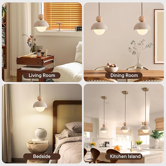Natural Stone Pendant Light, Wabi Sabi Travertine & Wood Hanging Lamp for Kitchen Island, Hallway, Bedroom, Dining Room Ceiling Decor (G9 Bulb, 5.9 in Stone Round, 1pcs)