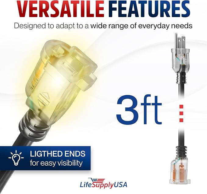 3ft Outdoor/Indoor Extension Cord 12/3 Gauge Extra Heavy Duty 3 Prong SJTW, Waterproof, Flexible Cold-Resistant Long Power Cord,15A 125V 1875W, Black by LifeSupplyUSA