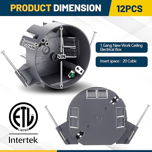Tellegloww 12 Pcs Round Ceiling Electrical Box, 20 Cu in PVC Junction Box with Grounding Lug and Screws, Light Fixture and Ceiling Fan Installation for New Work Applications (Gray)
