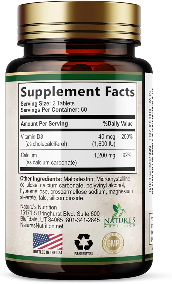 Calcium 1200 mg with Vitamin D3 - Per Serving - Bone Health Supplement - Vitamin D & Calcium Supplements for Women & Men - Bone Strength Support - Natural Calcium Pills - Bottled in USA - 120 Tablets