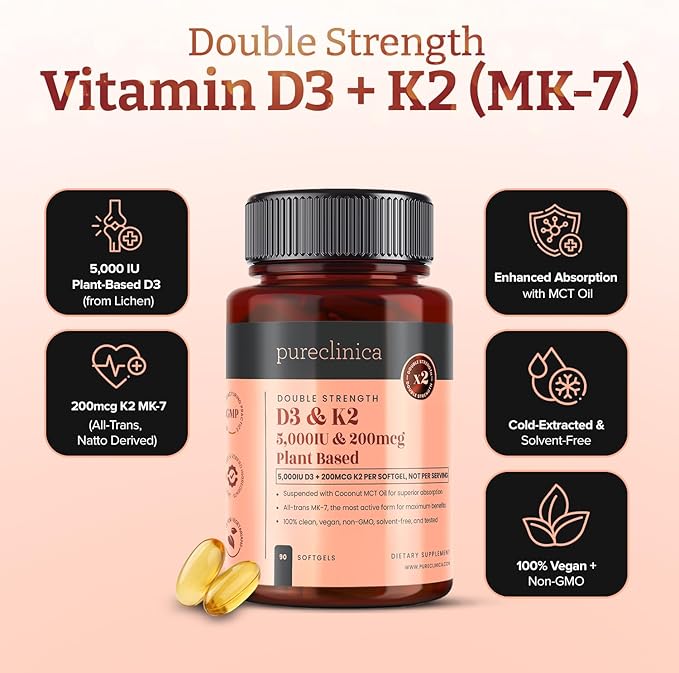 pureclinica Vitamine D3 + K2 (MK-7) double dose – 5 000 UI D3 + 100 µg K2 x 90 gélules végétaliennes – D3 de lichen et MK-7 de natto d'origine végétale – Absorption améliorée avec de l'huile TCM – 3 mois d'approvisionnement