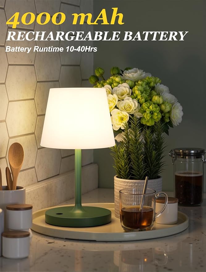 Kakanuo Green Cordless Shower Lamp Waterproof, Rechargeable Cordless Lamp with 4000mAh Battery, Touch Dimmable Table Lamp for Outdoor, Kitchen, Bathroom, Camping, Patio, IP54