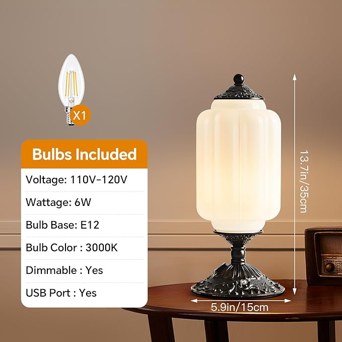 Milk Glass Table Lamp, Touch Control with USB Charging Port Vintage Bedside Desk Lamp Stepless Dimming for Bedroom Living Room Nightstand Led Bulbs Included （White）