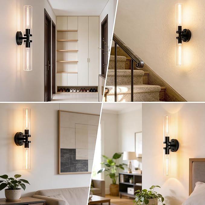 Wall Sconces Set of 2, Hardwired Bathroom Light Fixtures, Modern Bathroom Vanity Wall Lighting with Clear Glass Shade, Farmhouse Wall Sconce for Mirror Bedroom Hallway, Matte Black, E26 Base