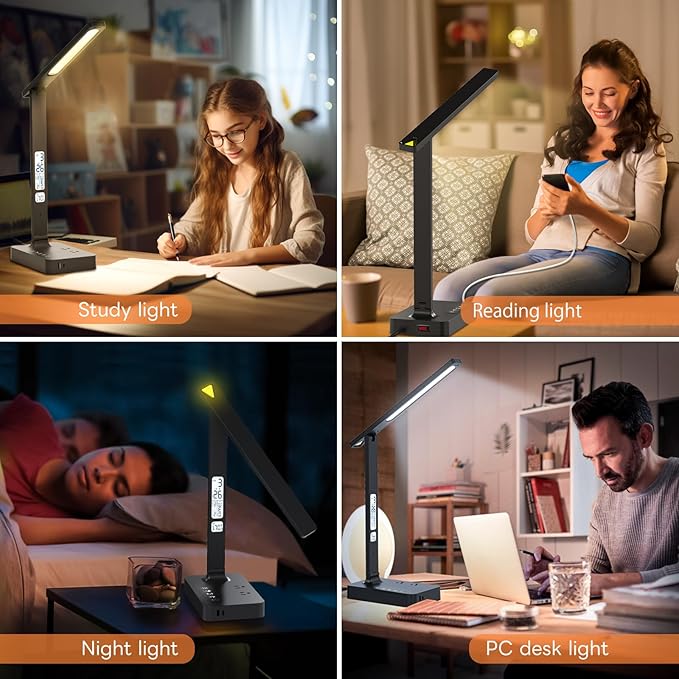 LAOPAO Power Strip with LED Desk Lamp: Table Lamp with Charging Station - 2 Outlets 1 USB-A Ports 1 Type-C Ports, Surge Protection and Led Display, 5ft Extension Cord, 5 Color Modes 5 Brightness