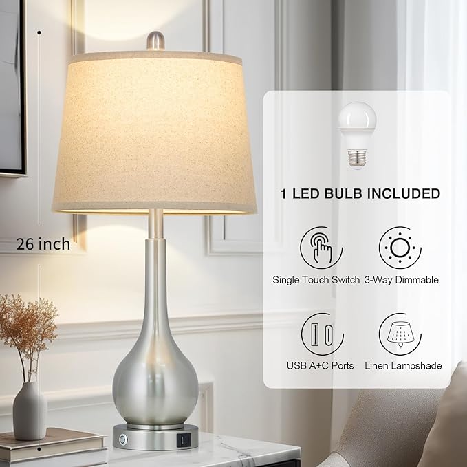 Rinweey 26" Silver Table Lamp for Living Room Single, Touch Control Bedside Lamp with USB Charging Ports, 3-Way Dimmable Brushed Nickel Bedroom Lamp for Nightstand (1 Pack)