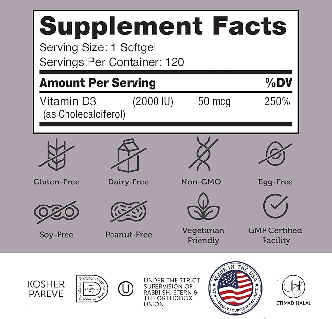 Zahler - Vitamine D3 Avancée 2000 UI Gélules (120 unités) Vitamine D Casher Végétarienne pour le Soutien Immunitaire, la Santé des Os, des Dents et des Muscles - Supplément Quotidien de Vitamine D3 pour Adultes - Facile à Avaler V