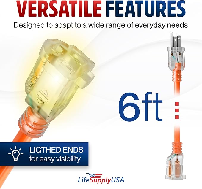 6ft Outdoor/Indoor Extension Cord 14/3 Gauge Heavy Duty 3 Prong SJTW, Waterproof, Flexible Cold-Resistant Long Power Cord,15A 125V 1875W, Orange by LifeSupplyUSA