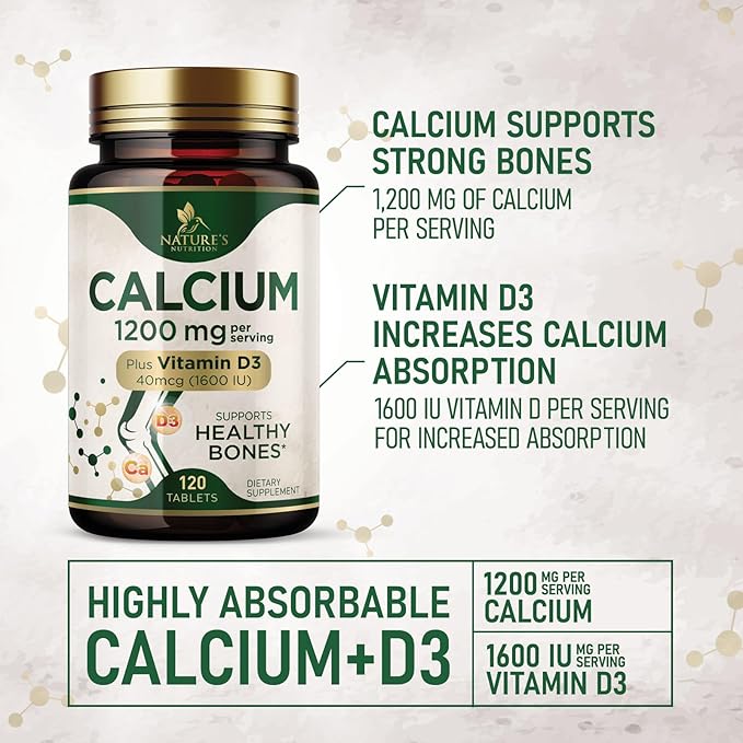 Calcium 1200 mg with Vitamin D3 - Per Serving - Bone Health Supplement - Vitamin D & Calcium Supplements for Women & Men - Bone Strength Support - Natural Calcium Pills - Bottled in USA - 120 Tablets