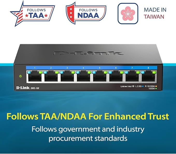 D-Link 8-Port 2.5GB Unmanaged Gaming Switch with 8 x 2.5G - Multi-Gig, Desktop or Wall Mount, Silent Operation, Plug & Play, Follows NDAA/TAA, (DMS-108), Ethernet Splitter, Multi-Gigabit Network