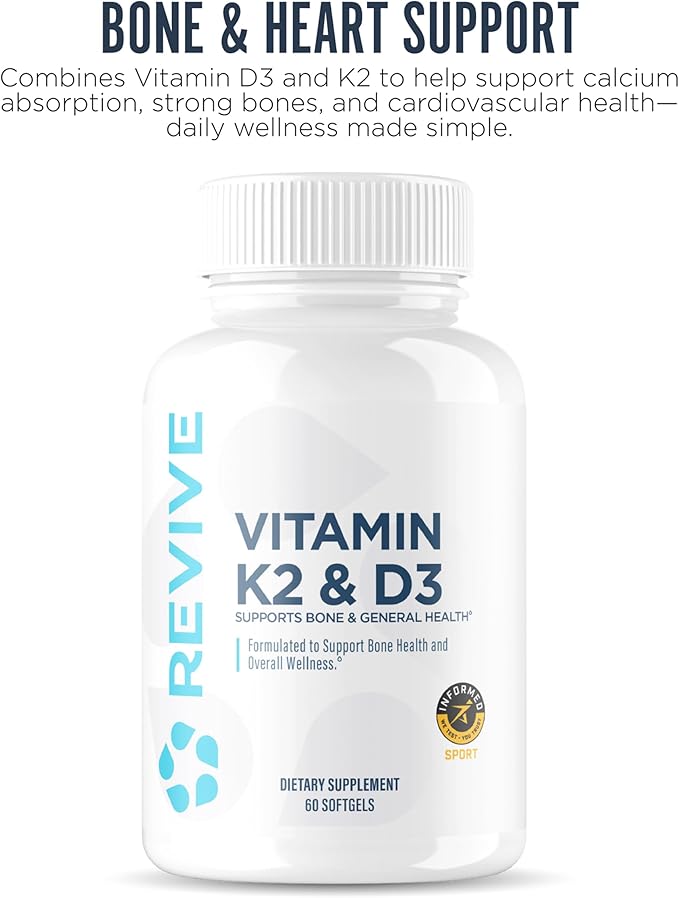 REVIVE MD Vitamin D3 & K2 - Supports Bone Health & Muscle Strength - K2 & D3 Vitamin Supplement for Women & Men Health & Brain Function (60 Servings)