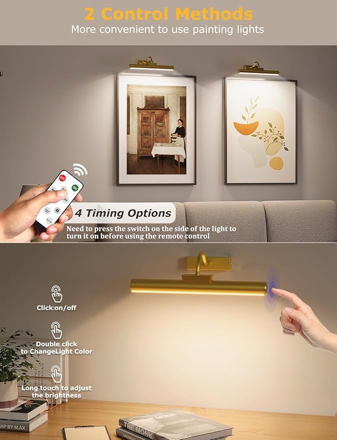 13" Aluminum Wireless Picture Lights for Wall, 5000mAh Rechargeable Battery Operated Wall Art Lighting, Dimmable 3-Color Gallery Painting Light for Pictures On Wall, with Remote/Timer [Gold, 2Pack]