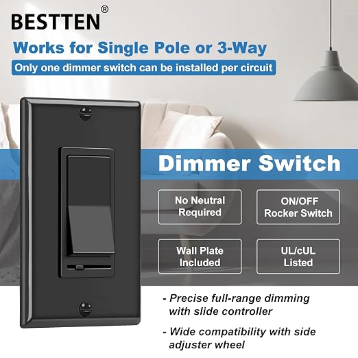 BESTTEN 6 Pack Dimmer Wall Light Switch, Compatible with Dimmable LED, CFL, Incandescent and Halogen Bulb, Single Pole or 3-Way Dimmer Switches, 120VAC, Decorator Wall Plate Included, Black