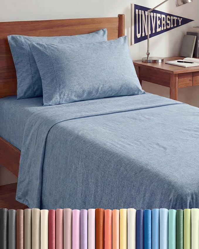 Twin XL 4 Piece Sheet Set - Comfy Breathable & Cooling - Soft Hotel Luxury Bedding Set with 8-16 Inch Deep Pockets - 1 Flat & 1 Fitted Sheet & 2 Pillowcases - Wrinkle Free & Easy Care - Heathered Blue
