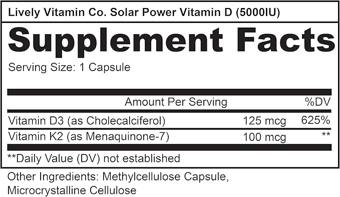LIVELY VITAMIN CO. Énergie Solaire Vitamine D3 5000 UI - Vitamine K brevetée - MK7 - Équilibre Immunitaire - Fonction Cérébrale - Humeur - Cœur - Stress - 60 Comprimés