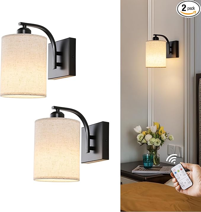 Powfloven Black Rechargeable Wall Sconces Set of 2 with Remote, Wireless Dimmable Battery Operated LED Wall Lights, Cordless Wall Lighting Lamp Fixture for Bedroom Living Room