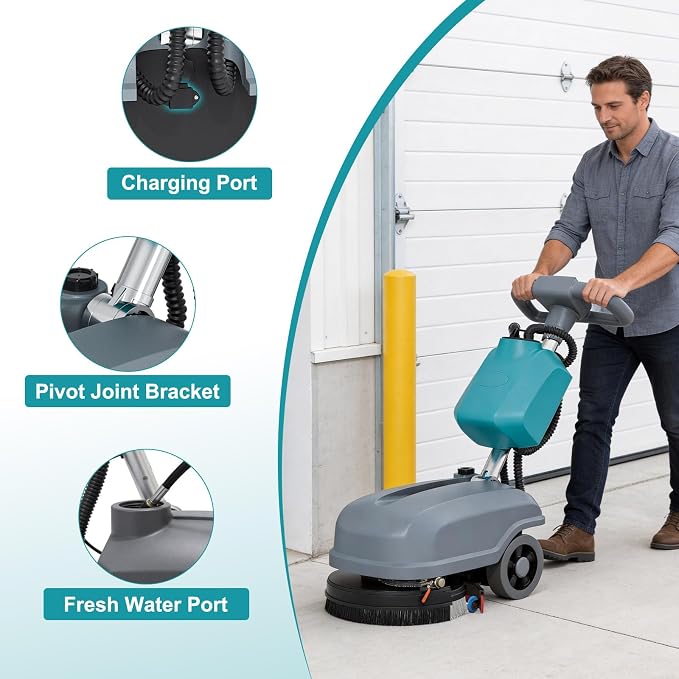 Walk Behind Commercial Floor Scrubber Machine, Battery Powered Cordless Compact Scrubber 15" Cleaning and 23" Suction Width, 6 Gal Sewage and 5 Gal Water Tank, 24000 Sq Ft/h