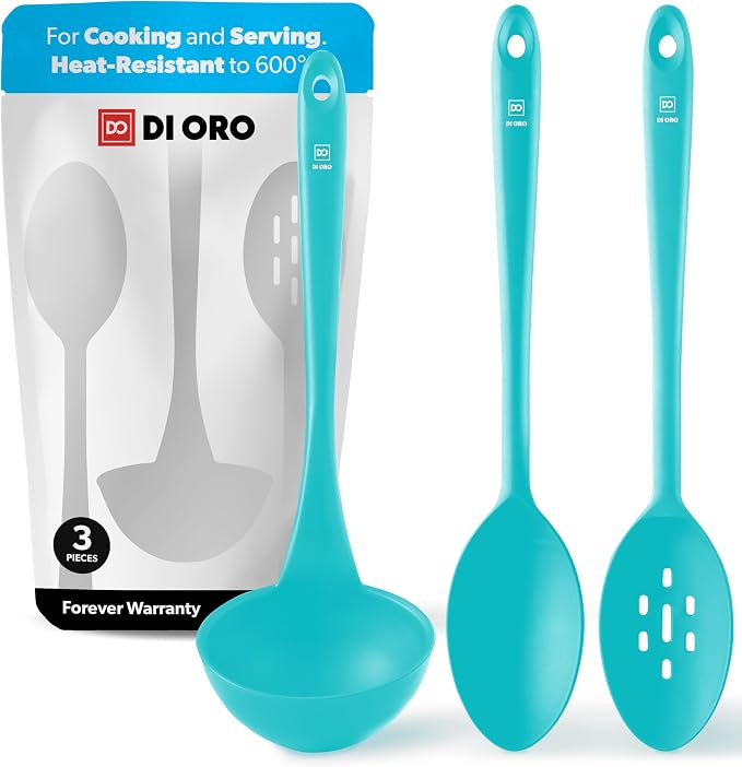 DI ORO Silicone Ladle & Spoons for Cooking – Large Kitchen Spoons for Mixing, Serving, & Stirring - Soup Ladle with Wide Bowl - High Heat Silicone Kitchen Utensils for Nonstick Cookware Safe (Teal)