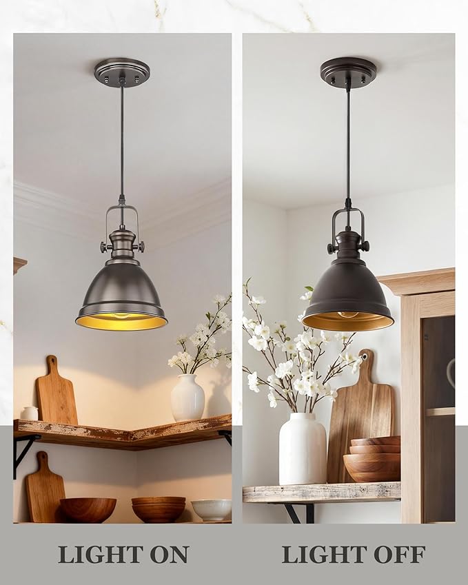 2-Pack Pendant Lights Kitchen Island, 8" Farmhouse Hanging Lights Fixtures with Metal Shade, Rustic Kitchen Pendant Lighting Over Island for Dining Room, Oil Rubbed Bronze, AD-2151-2PM-ORB