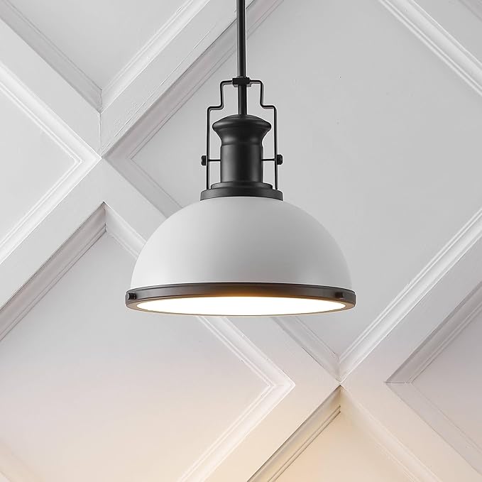 JONATHAN Y 13" Matte Black/White Modern Industrial Iron LED Dome Pendant Light, Adjustable Hanging Fixture for Kitchen Island or Entryway, White Metal Shade, LED Bulb Included (JYL9536E)
