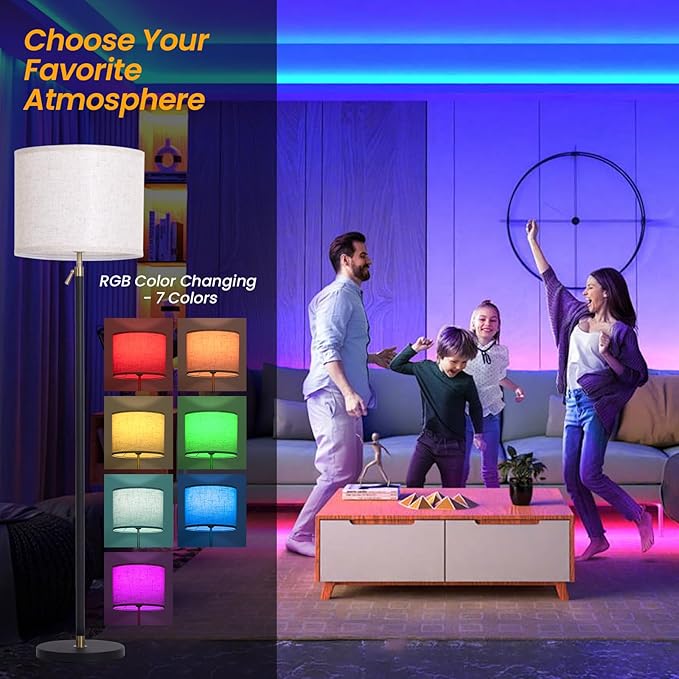 Remote Floor Lamp for Living Room and Bedroom - Modern RGB Standing Lamps Tall with Led Blub and Dimmable Light - 55"-67" Height Adjustable Standing Lamps with Shade for Corner Lighting（Black & Gold）