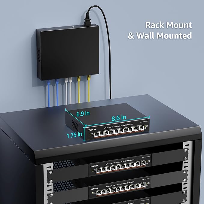 YuanLey 8 Port 2.5G PoE Switch Unmanaged, 8 x 2.5G Base-T PoE Ports, 2X 10G RJ45 UpLink,120W PoE Budget, Metal Fanless, 10 Port 2.5Gbe/10G PoE Ethernet Switch for NAS, Gaming PC, AP