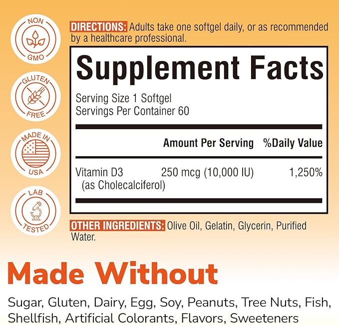 Maximum Strength Vitamin D3 10,000 IU (250mcg), Highly Bioavailable, with Cold Pressed Olive Oil, Immune, Bone & Teeth Health Support, No Soy, Sunshine Vitamin, 60 Mini Softgels
