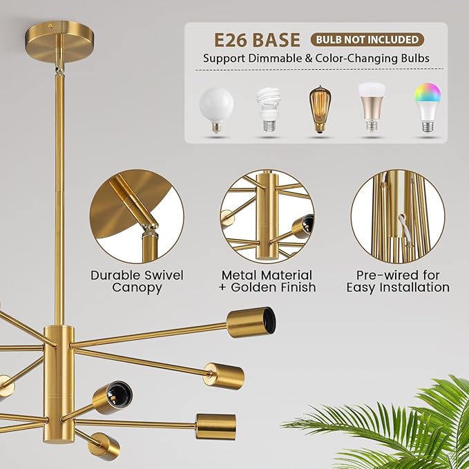 KAISITE Modern Chandelier Ceiling Light Fixture Sputnik Chandelier 10-Light Gold Chandelier for Dining Room Over Table Height Adjustable Lighting Fixture Ceiling Hanging for Kitchen Living Room